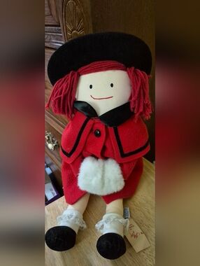 Vintage  Eden 1990 18" Madeline Doll In Red Coat And  Fur Muffler With Tags